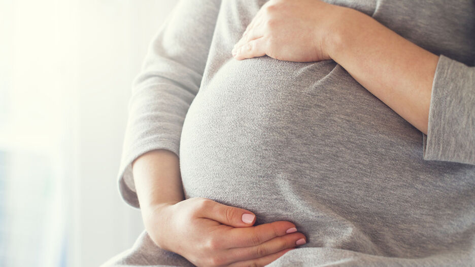 Abgebildet ist der Bauch einer Schwangeren Frau die diesen mit den Händen hält.